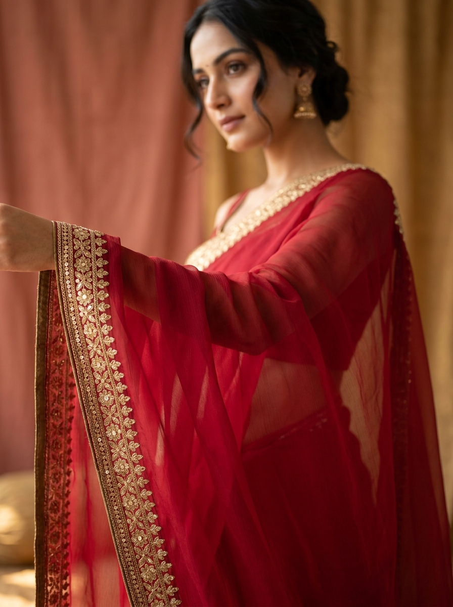 Pure chiffon saree drape with gotapatti border
