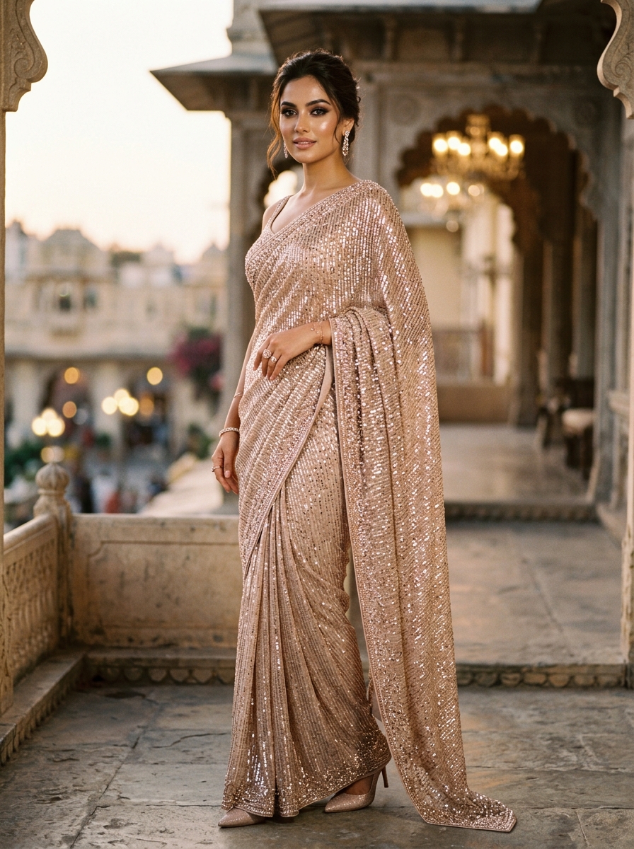 Woman model draping a luxury champagne rose gold hand-sequin work saree