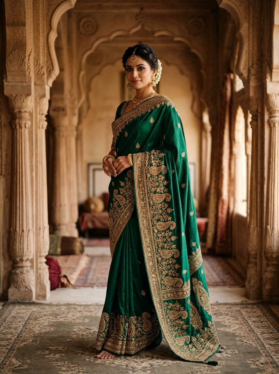 Woman model draping a royal emerald green silk saree with handcrafted gold Zardozi embroidery