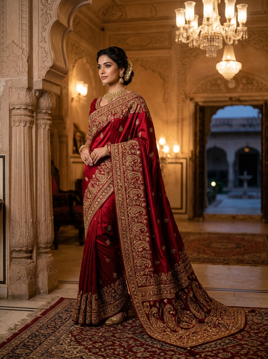 SaajBySakshi Luxury Indian Saree in Royal Crimson Silk with Intricate Gold Zardozi Embroidery